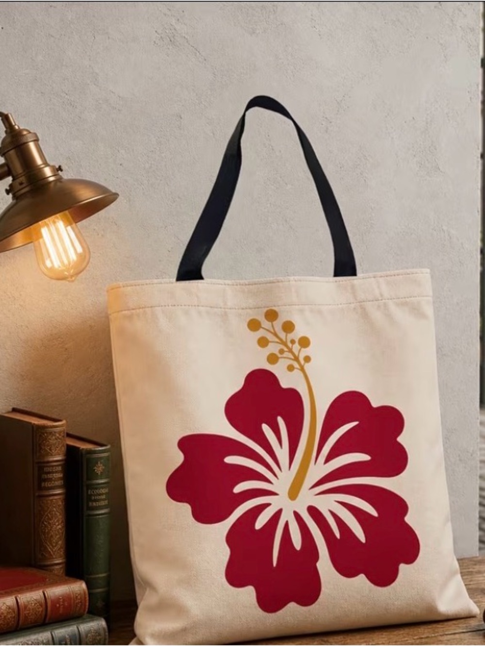Canvas Tote Bag with Puerto Rico Hibiscus Red Flower
